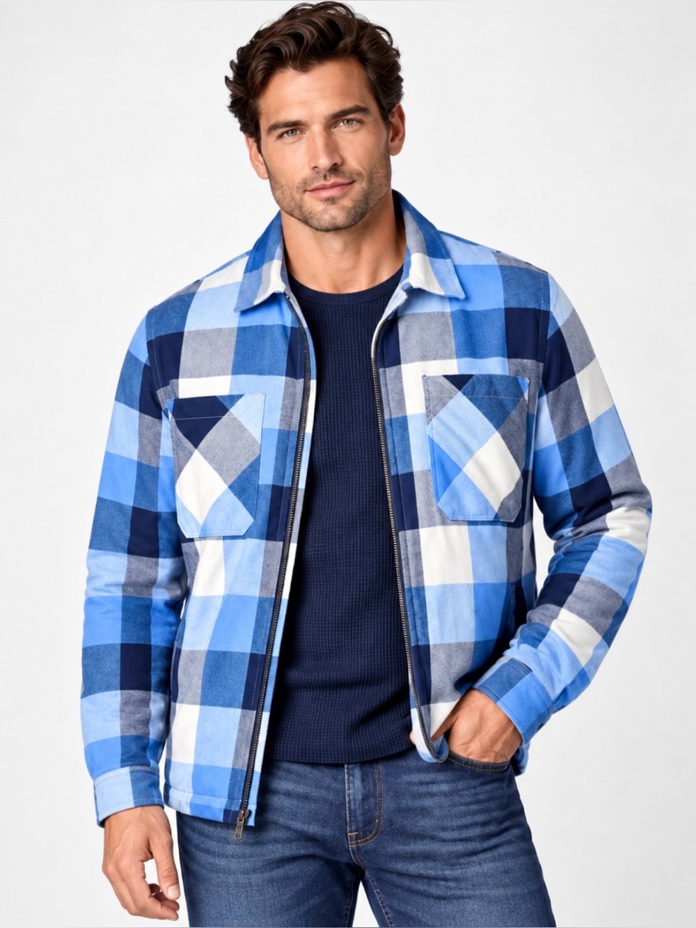 LANDSEND Men’s Tall Zip Jacket, Waffle Lined Flannel Shirt Jacket